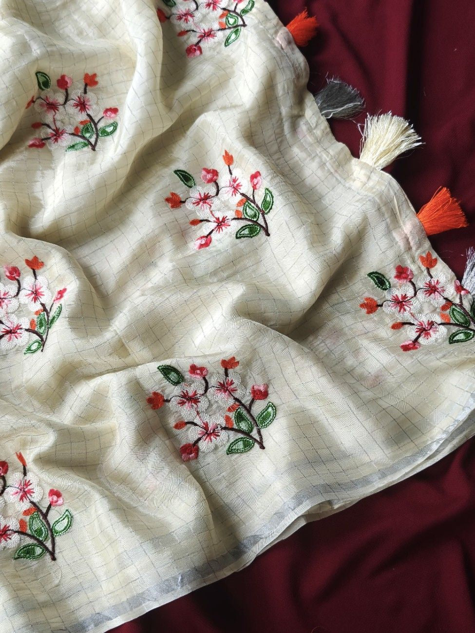 Premium Glass German Chiffon Chex Sarees with intricate thread embroidery.