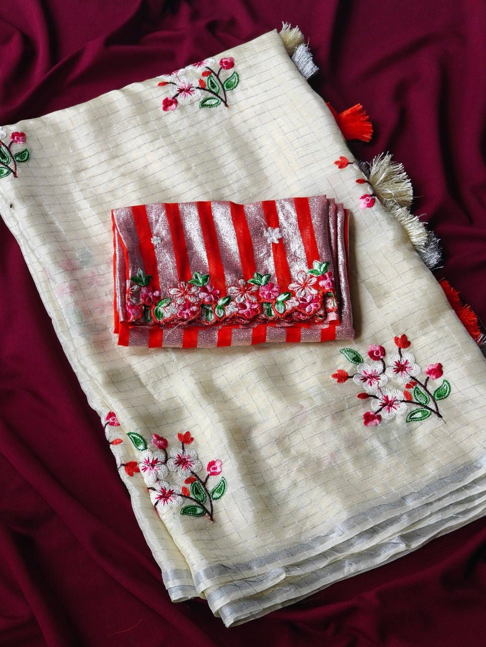 Premium Glass German Chiffon Chex Sarees with intricate thread embroidery.