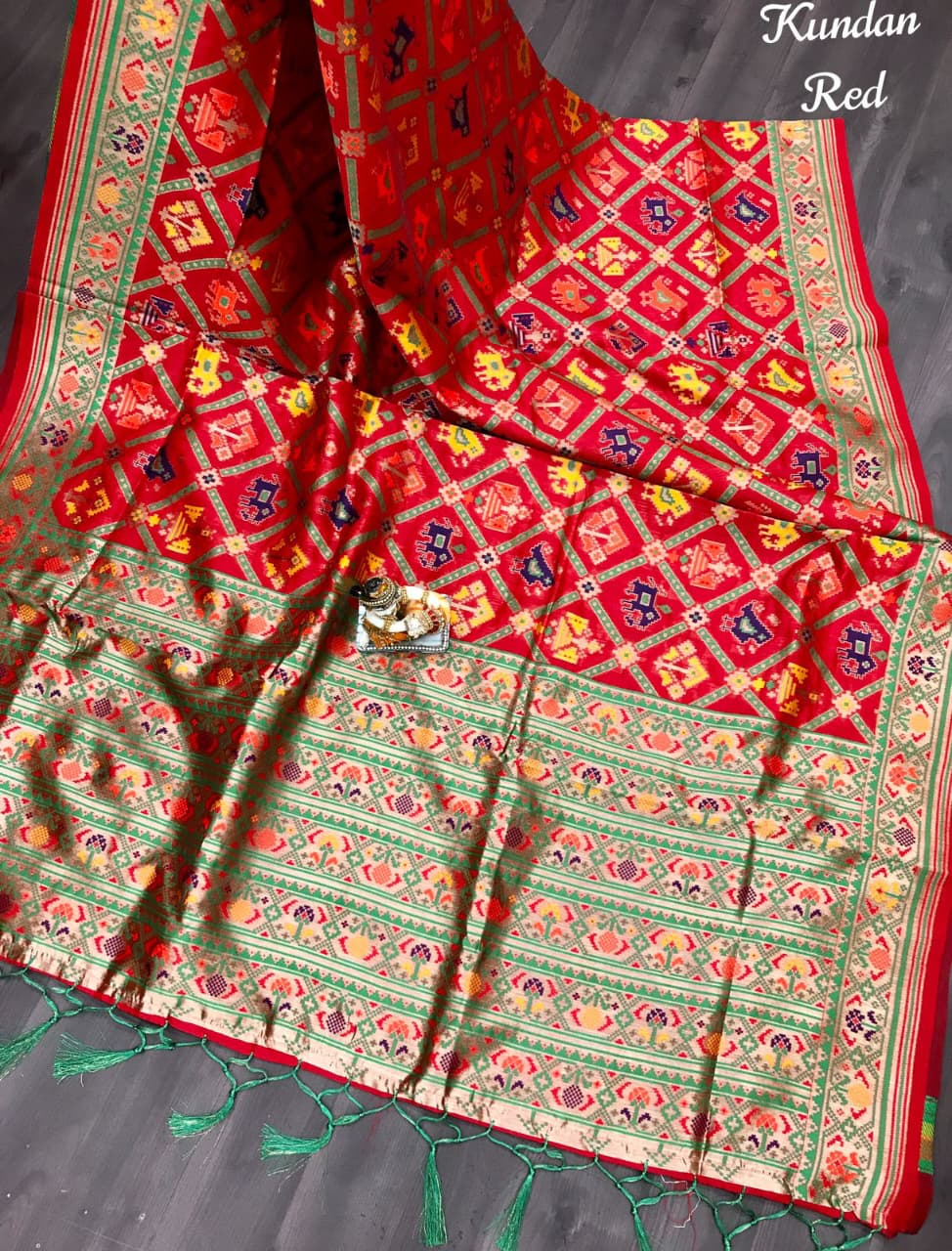 Superior Banarasi-style Patola saree with heavy weaving, contrast Meena work, rich pallu