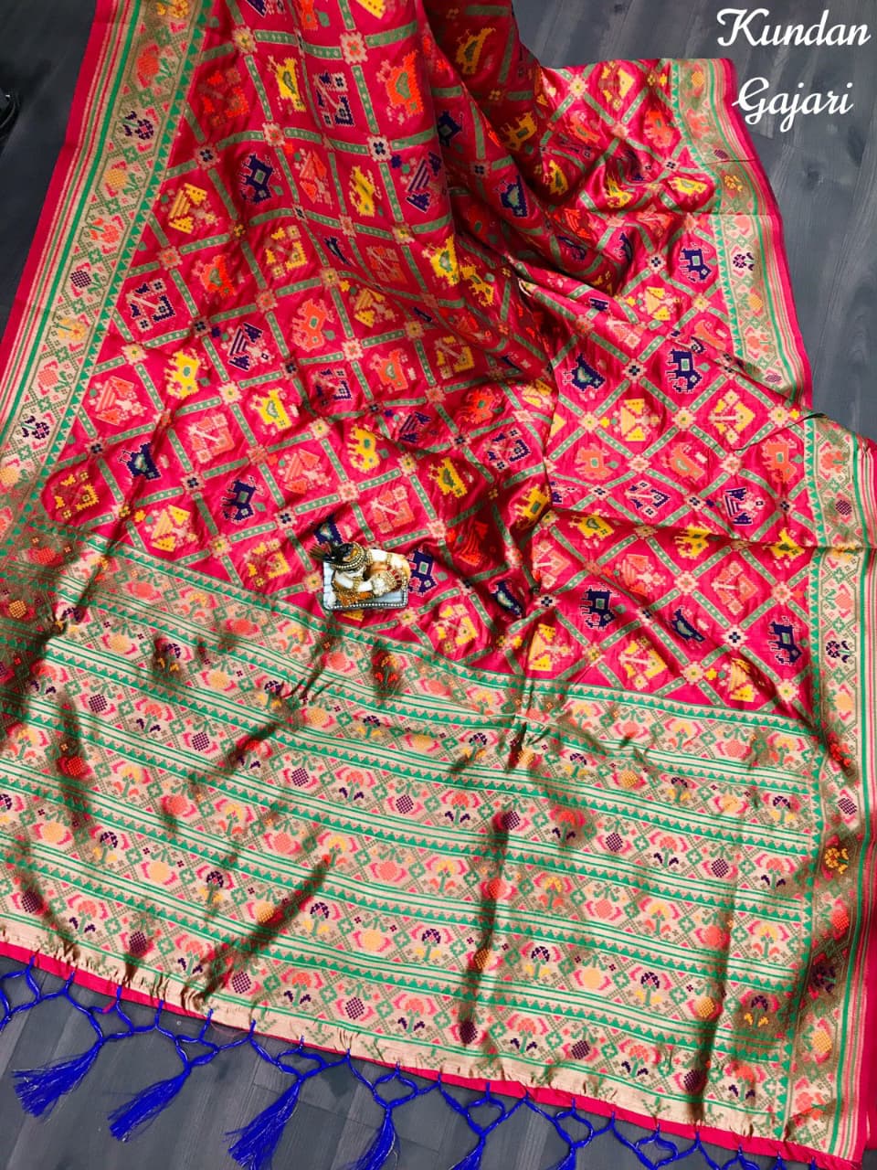 Superior Banarasi-style Patola saree with heavy weaving, contrast Meena work, rich pallu