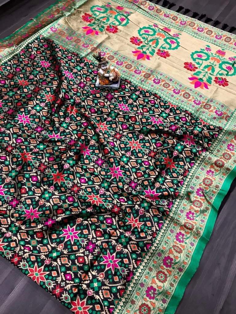 Superior Banarasi-style Patola saree with heavy weaving, contrast Meena work, rich pallu