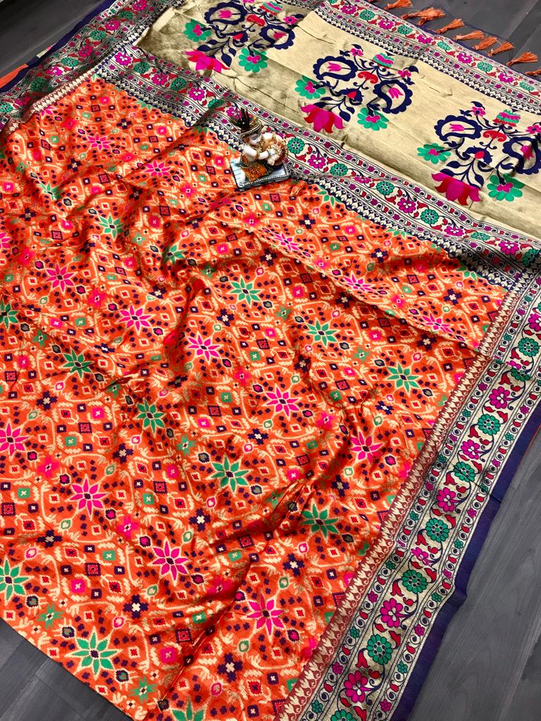 Superior Banarasi-style Patola saree with heavy weaving, contrast Meena work, rich pallu