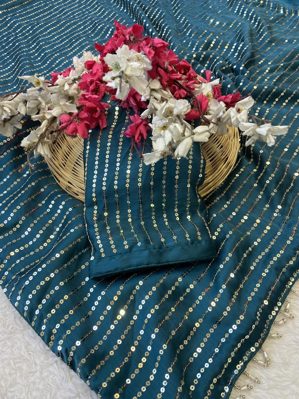 Bollywood-style Satin Chiffon Saree with full sequin work and a rich color combo