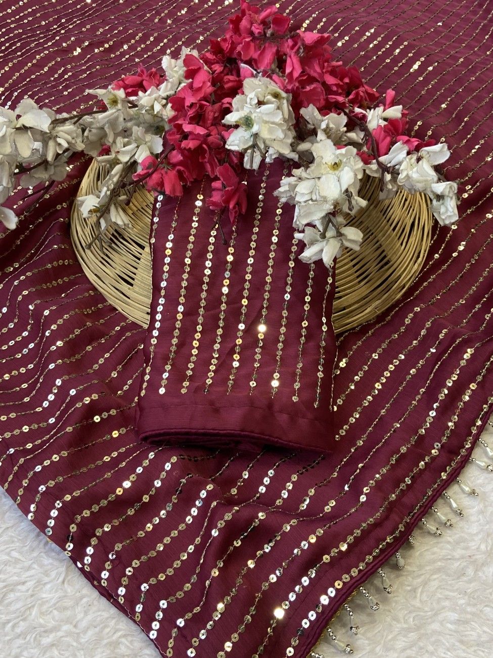 Bollywood-style Satin Chiffon Saree with full sequin work and a rich color combo