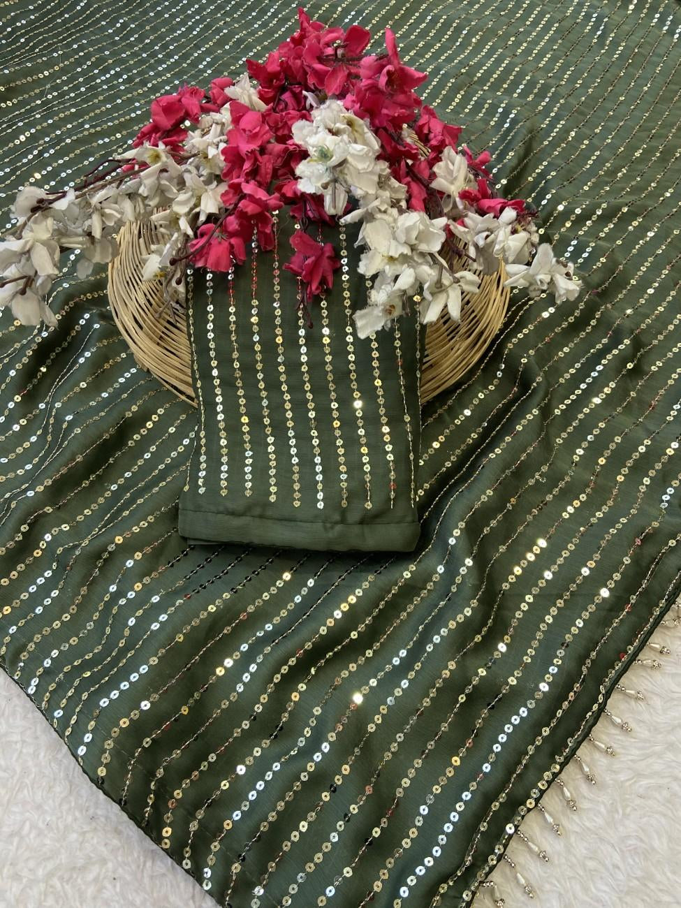 Bollywood-style Satin Chiffon Saree with full sequin work and a rich color combo