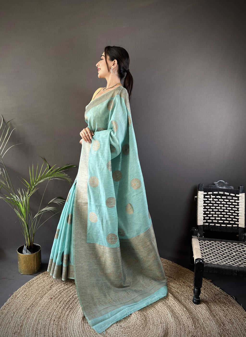 Pure Linen Silk Saree With Copper Gold Jari work