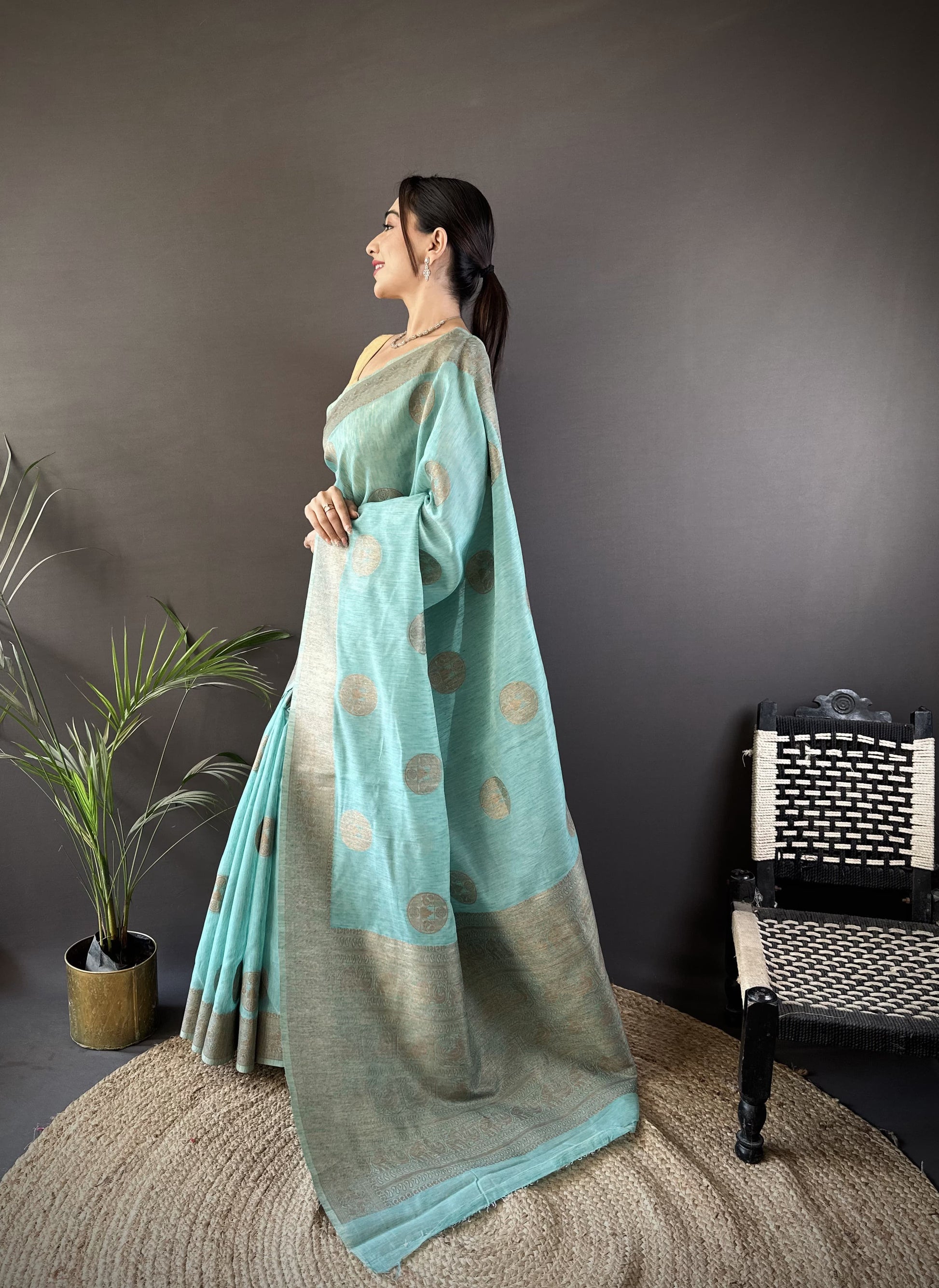 Pure Linen Silk Saree With Copper Gold Jari work