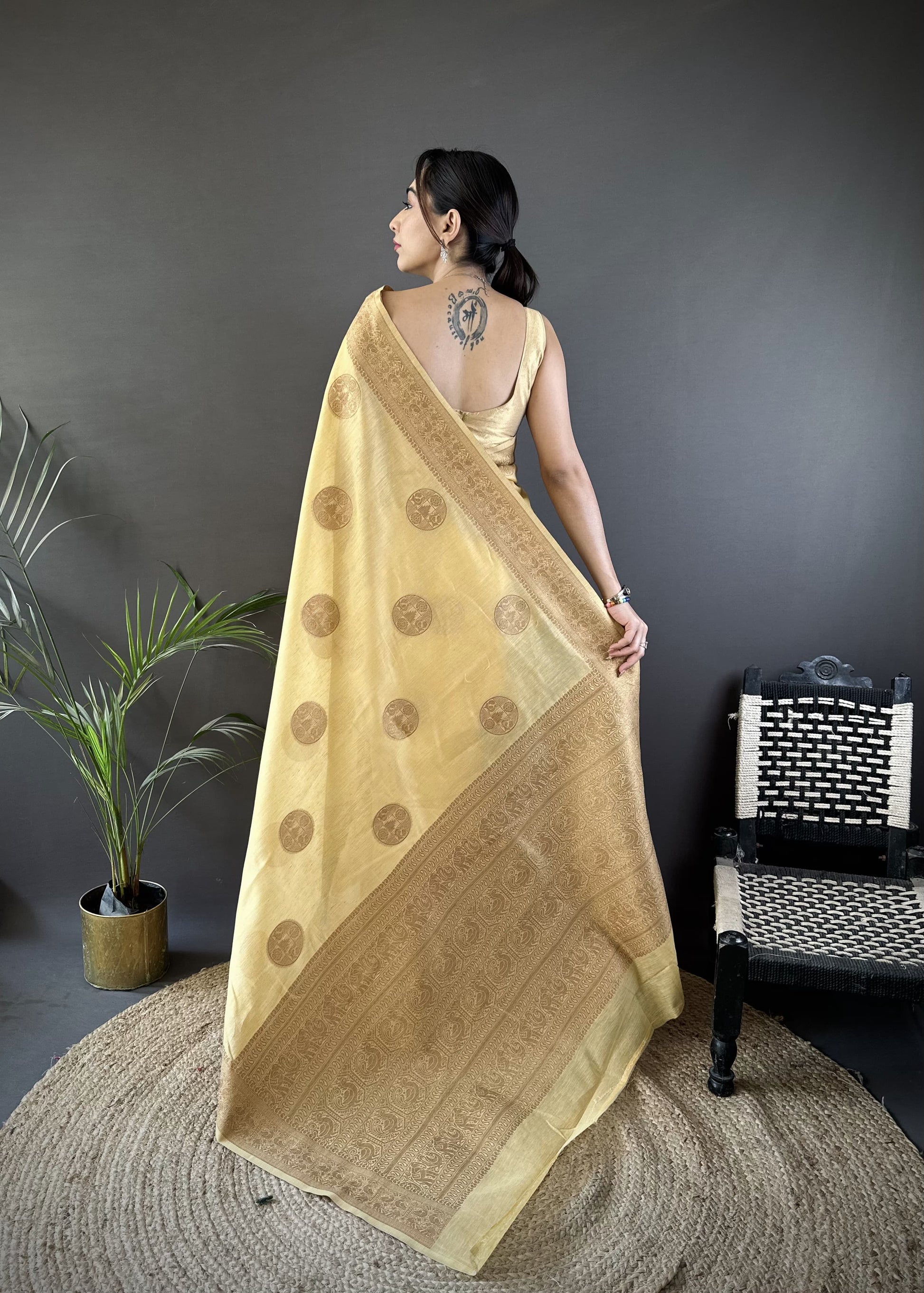 Pure Linen Silk Saree With Copper Gold Jari work