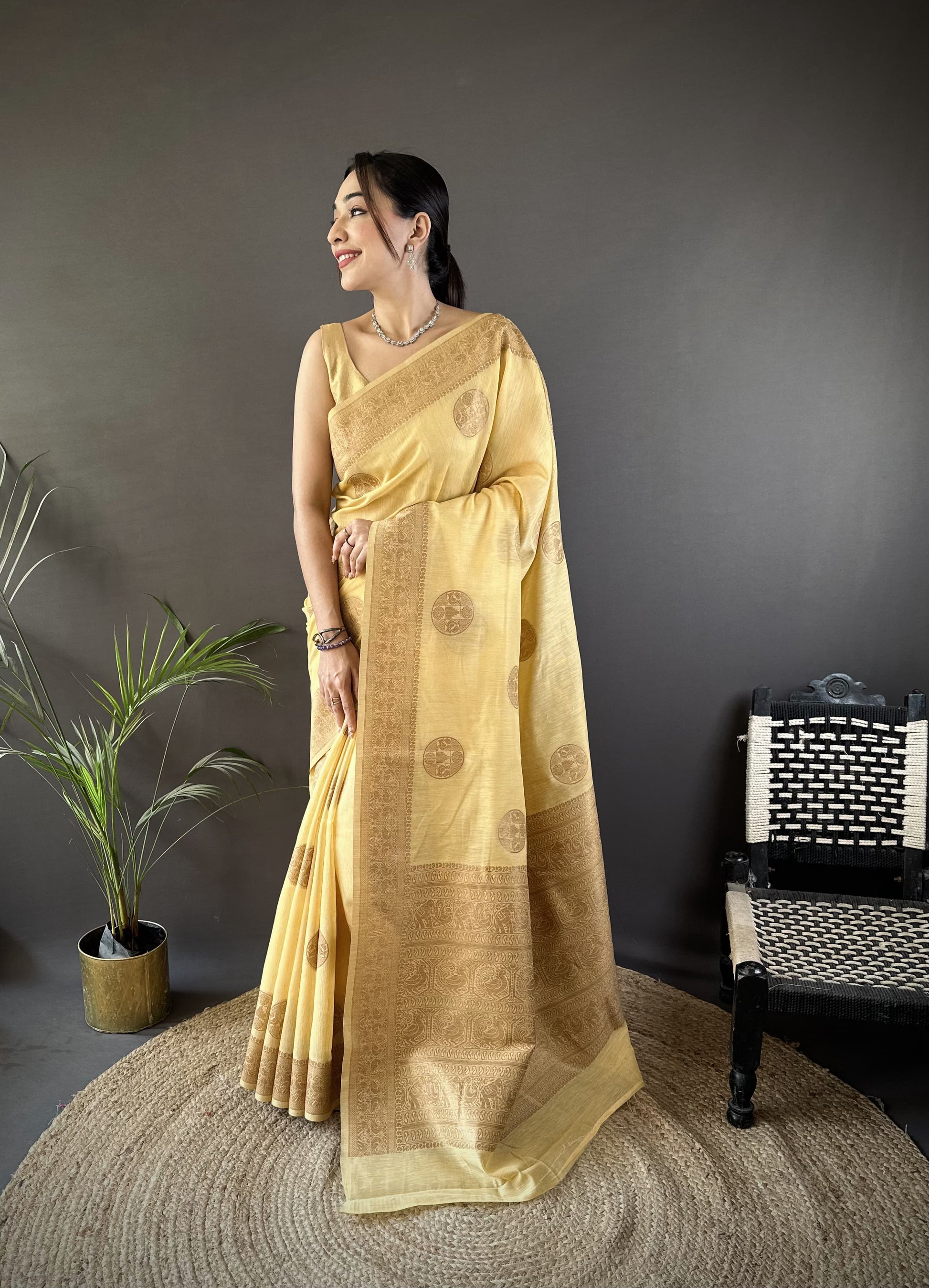 Pure Linen Silk Saree With Copper Gold Jari work