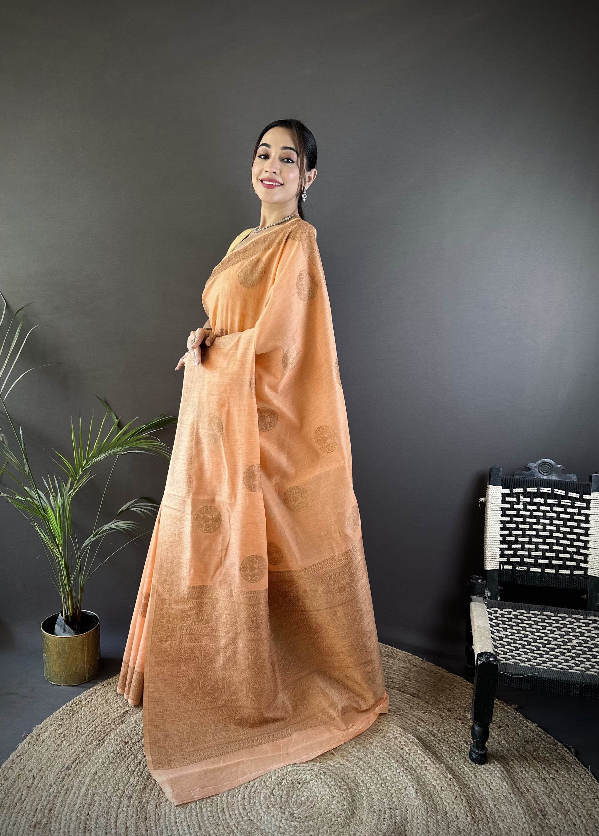 Pure Linen Silk Saree With Copper Gold Jari work
