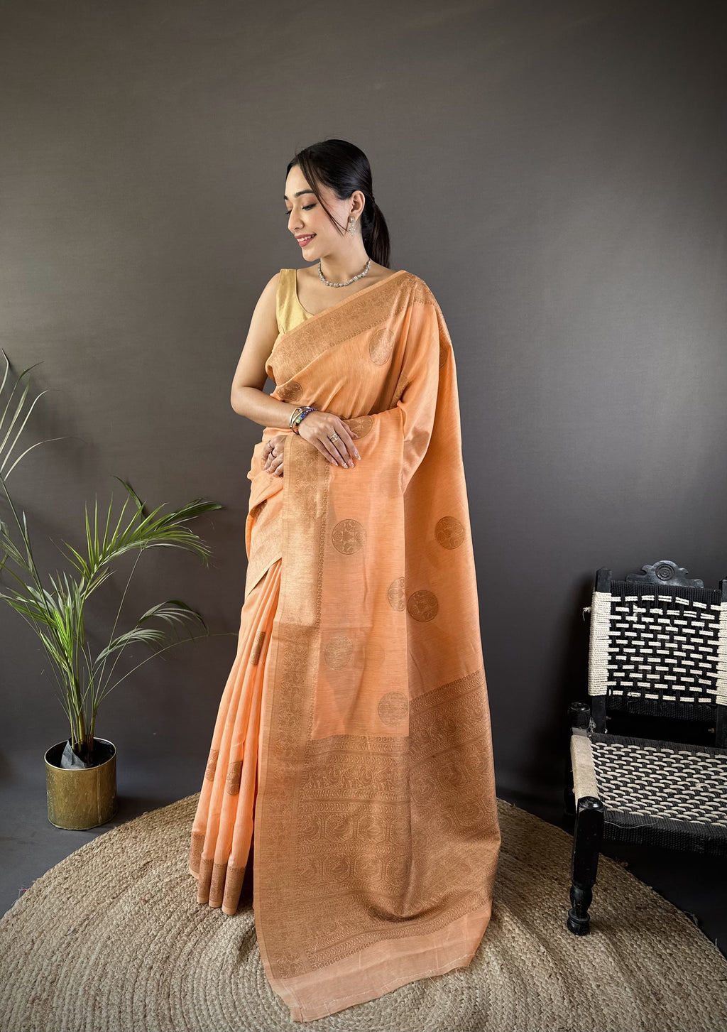 Pure Linen Silk Saree With Copper Gold Jari work
