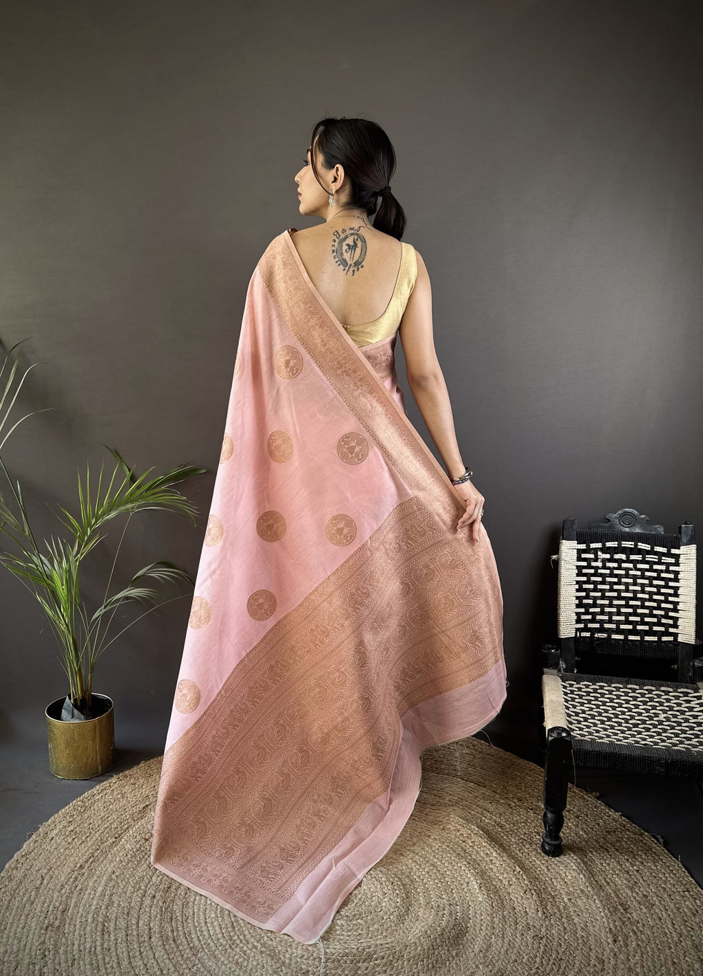 Pure Linen Silk Saree With Copper Gold Jari work
