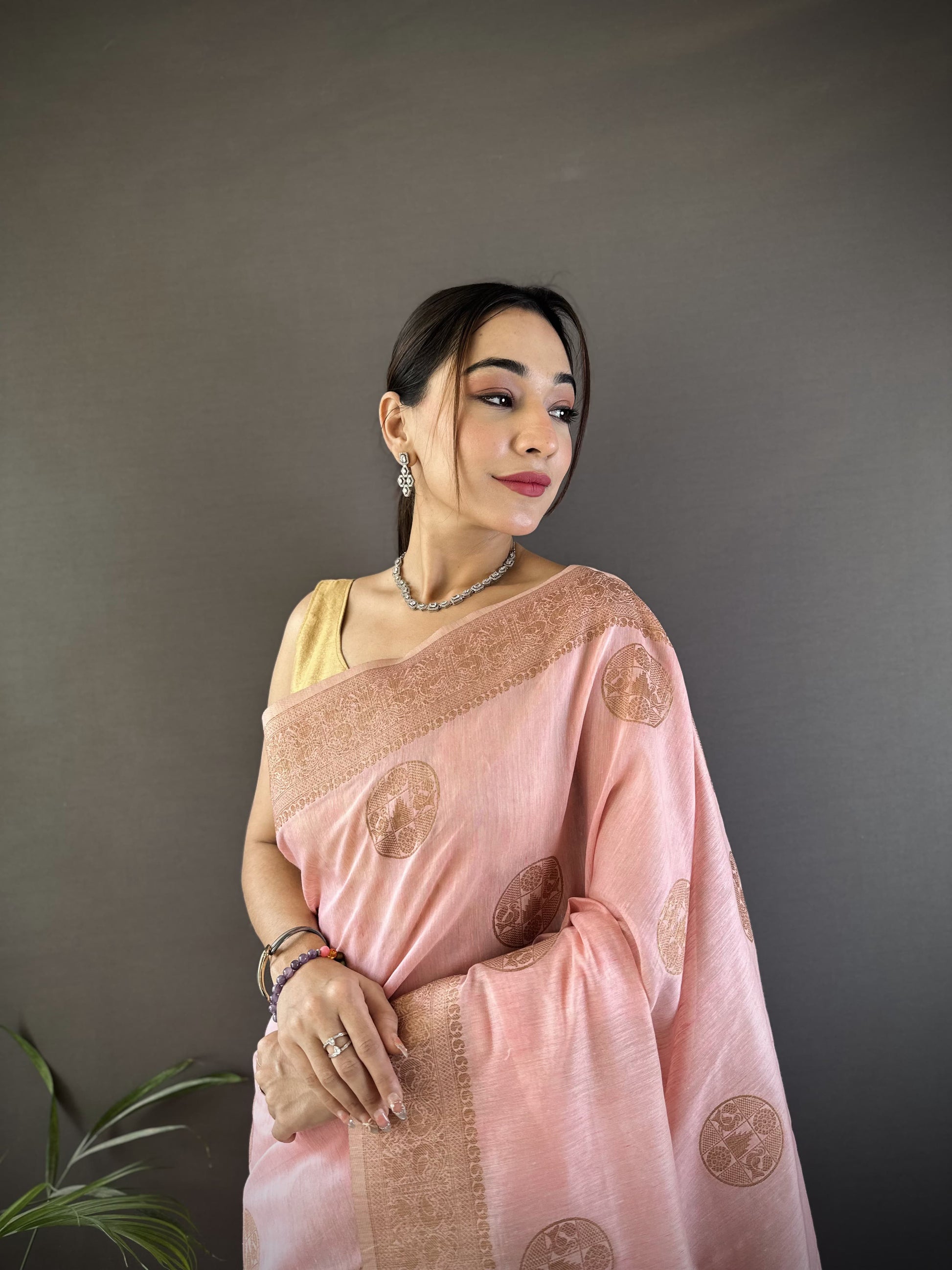 Pure Linen Silk Saree With Copper Gold Jari work