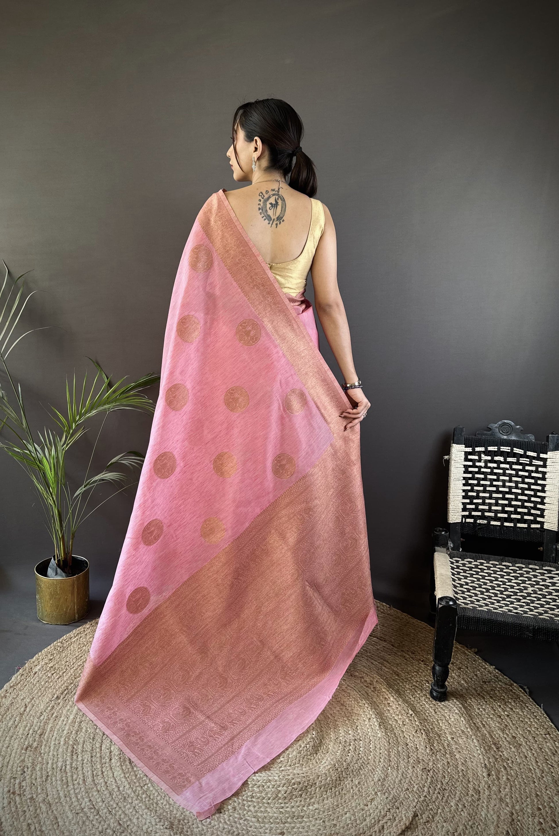 Pure Linen Silk Saree With Copper Gold Jari work