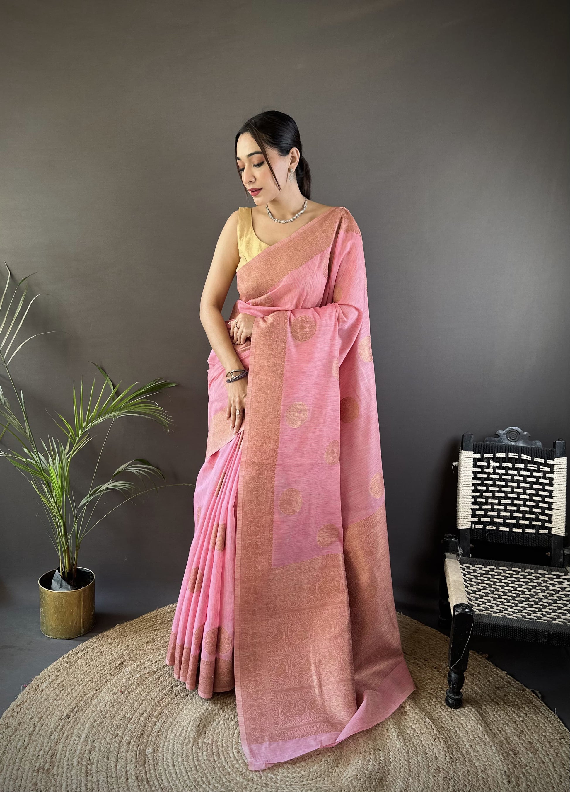 Pure Linen Silk Saree With Copper Gold Jari work