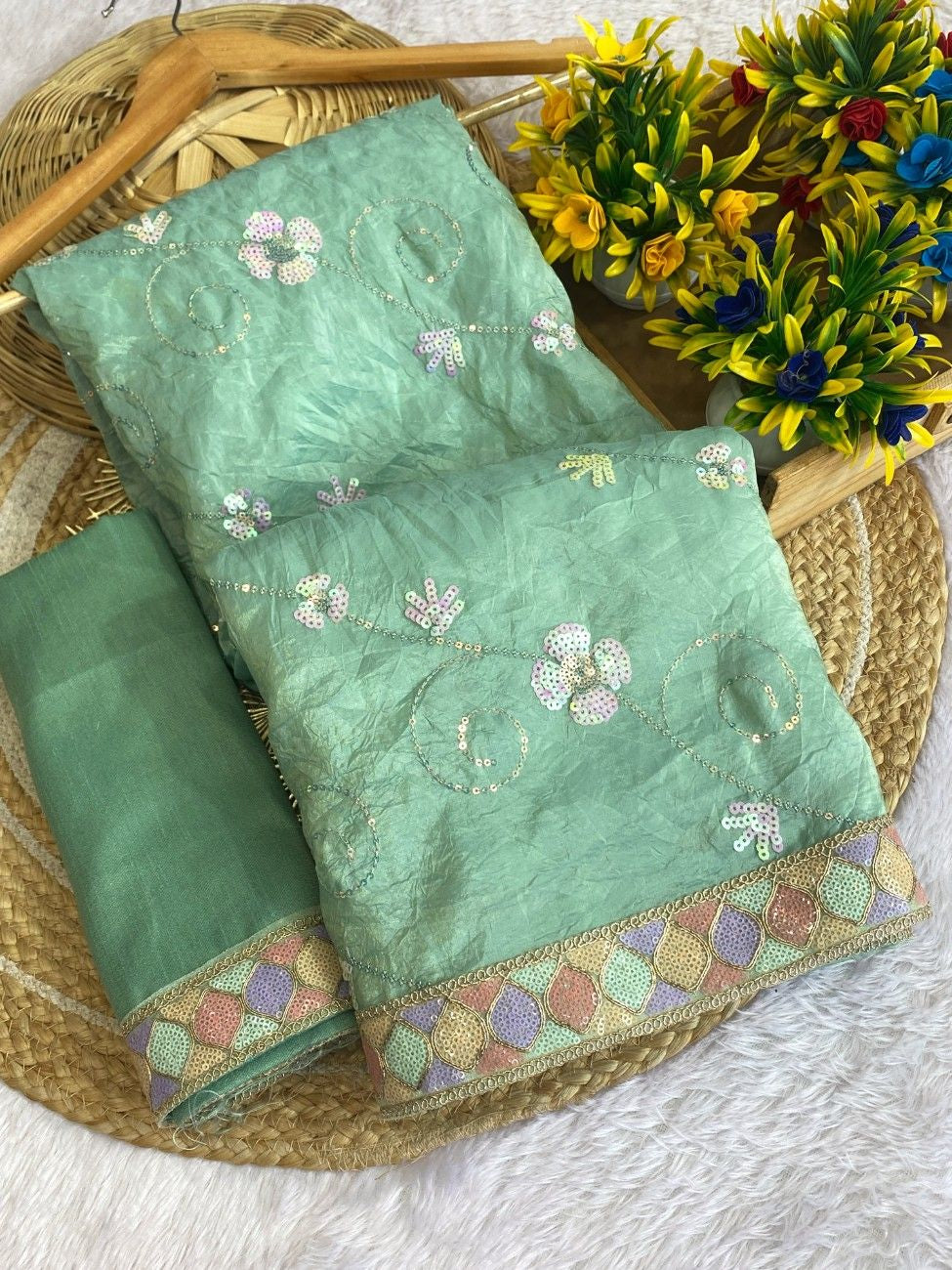 Crunchy Silk Saree With Intricate Sequence & Thread Embroidery
