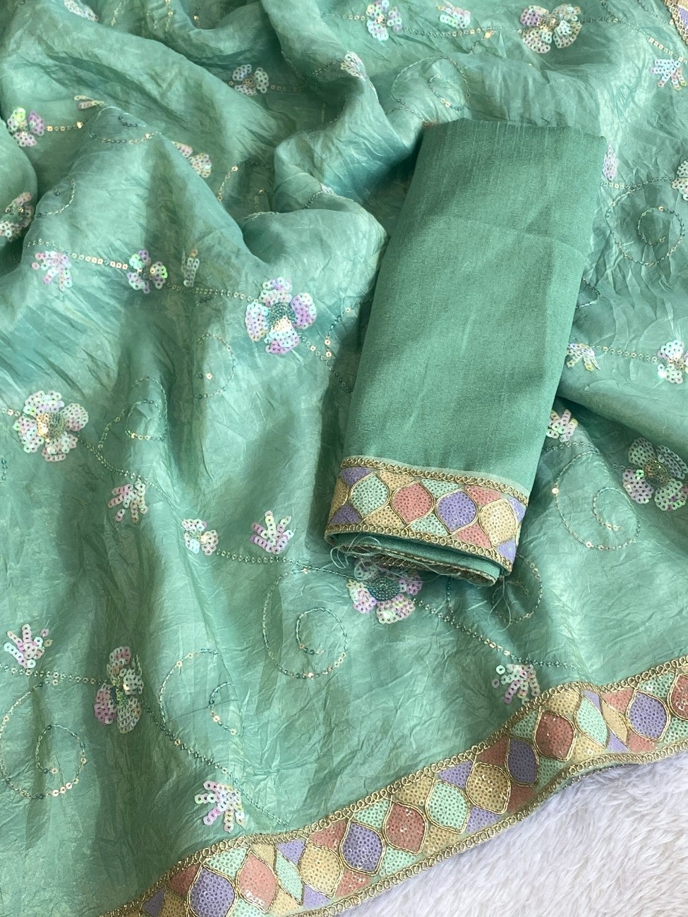 Crunchy Silk Saree With Intricate Sequence & Thread Embroidery