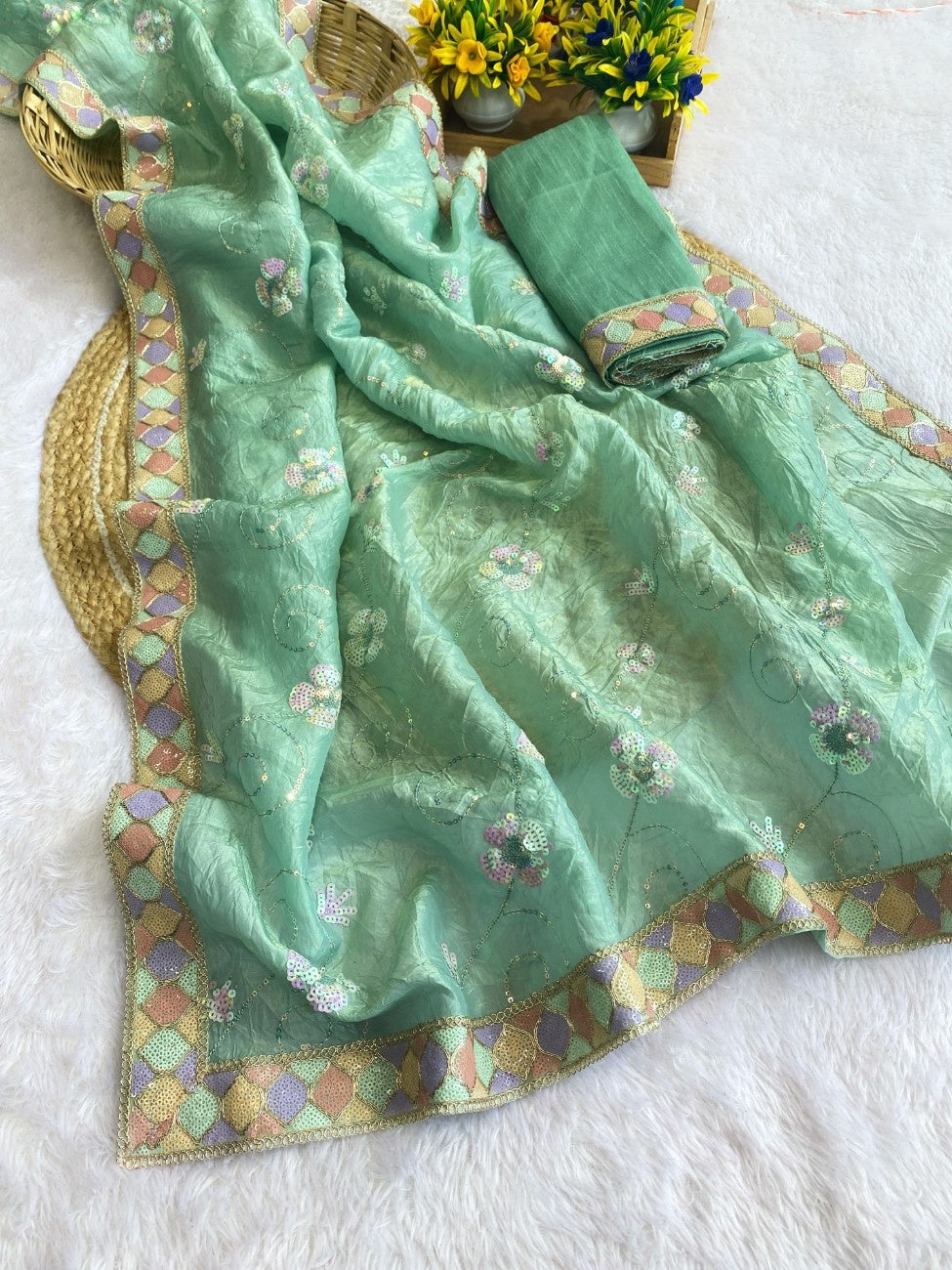 Crunchy Silk Saree With Intricate Sequence & Thread Embroidery