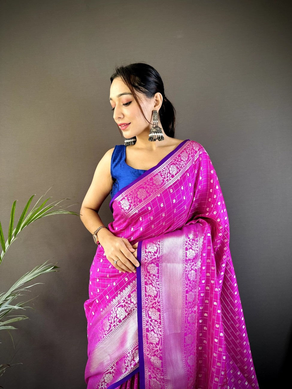 Pure Lichi Silk Saree with soft texture and a chex style weaving
