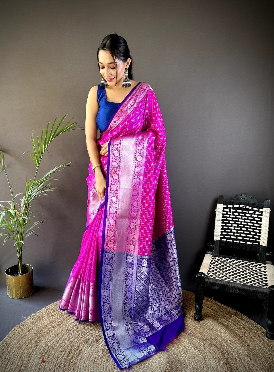 Pure Lichi Silk Saree with soft texture and a chex style weaving