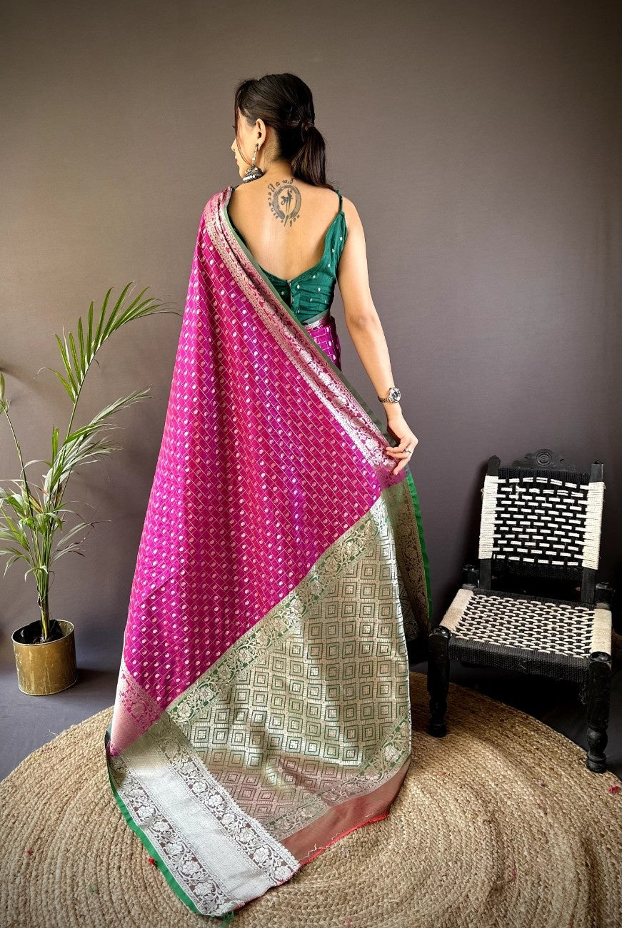 Pure Lichi Silk Saree with soft texture and a chex style weaving