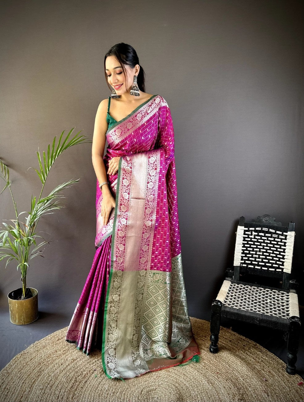 Pure Lichi Silk Saree with soft texture and a chex style weaving