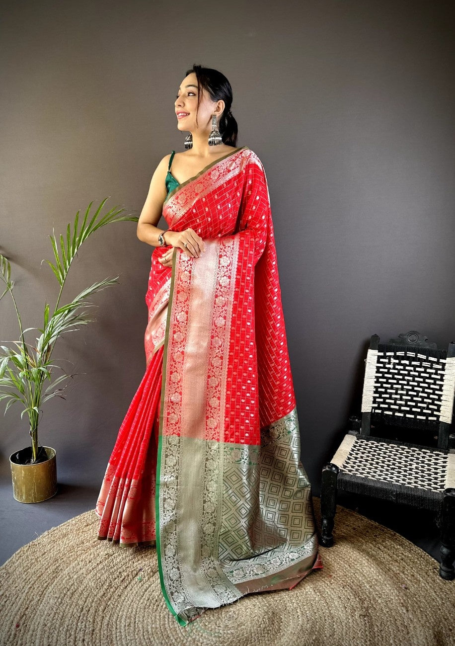 Pure Lichi Silk Saree with soft texture and a chex style weaving