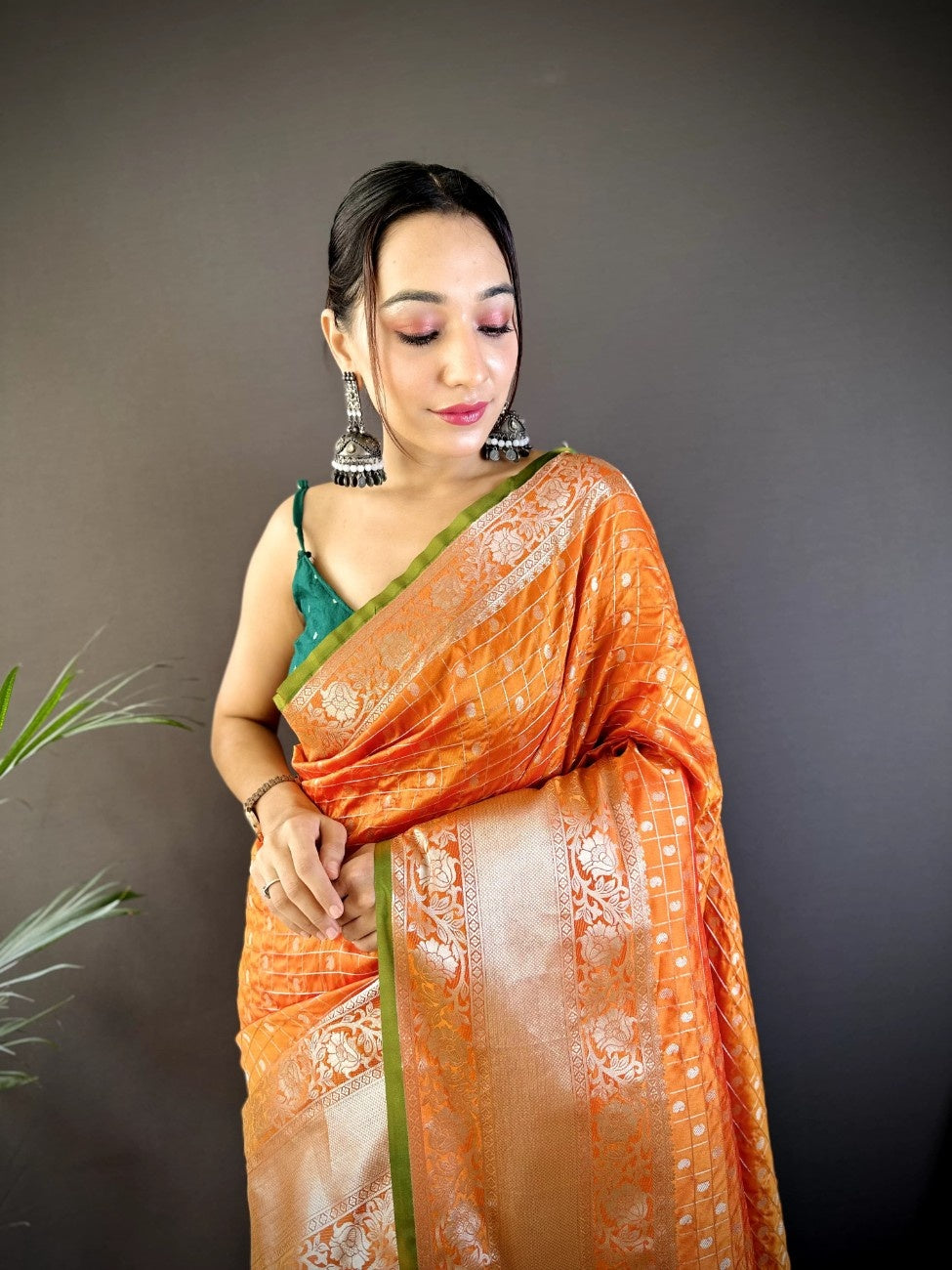Pure Lichi Silk Saree with soft texture and a chex style weaving
