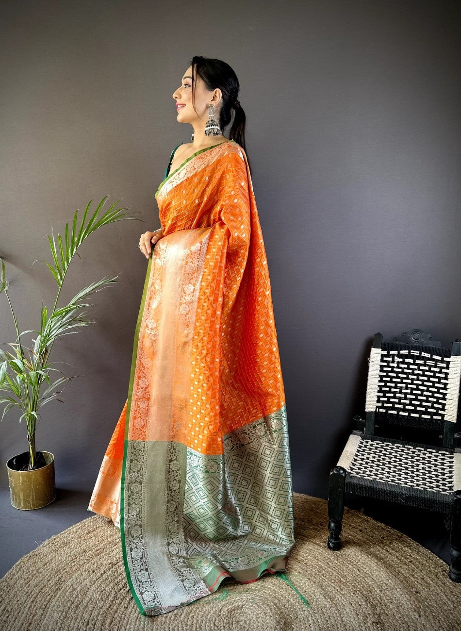 Pure Lichi Silk Saree with soft texture and a chex style weaving