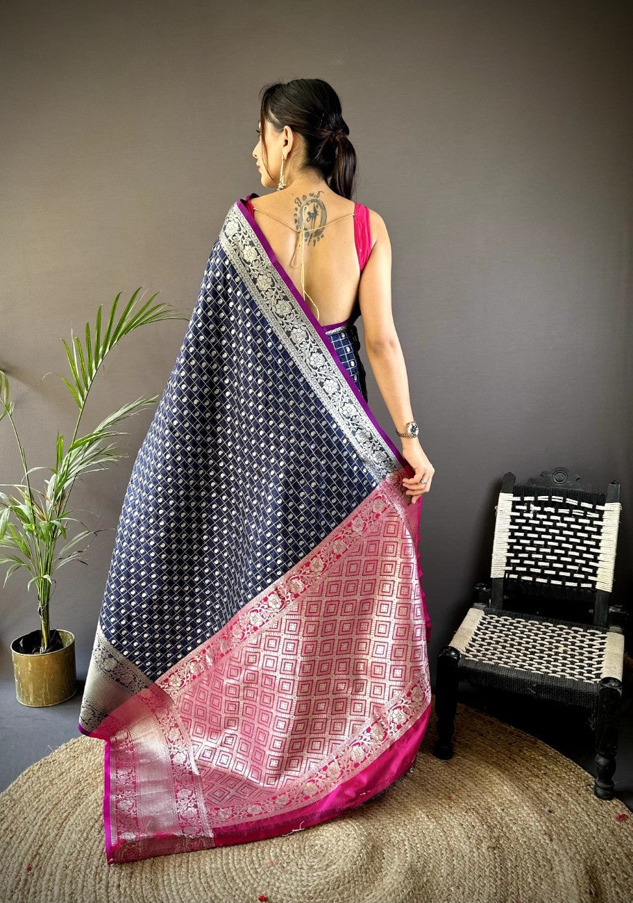 Pure Lichi Silk Saree with soft texture and a chex style weaving