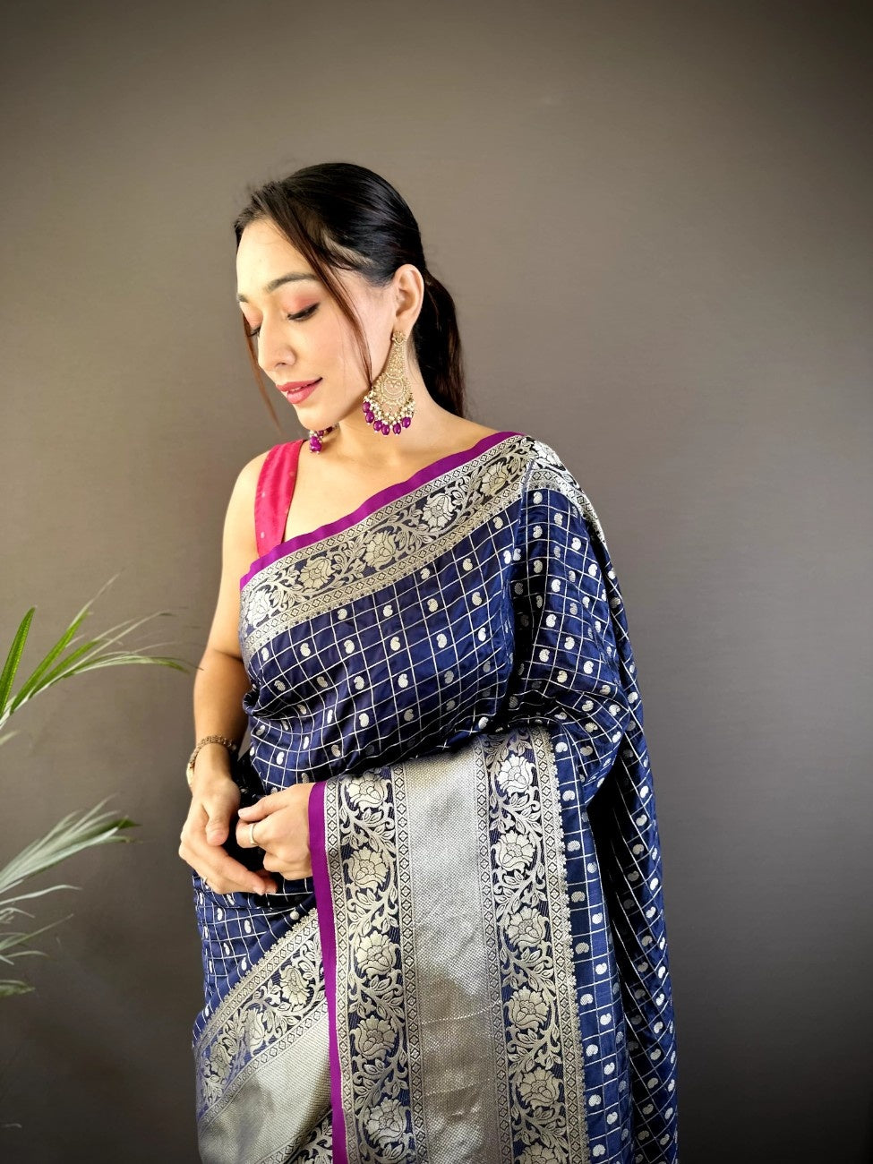 Pure Lichi Silk Saree with soft texture and a chex style weaving