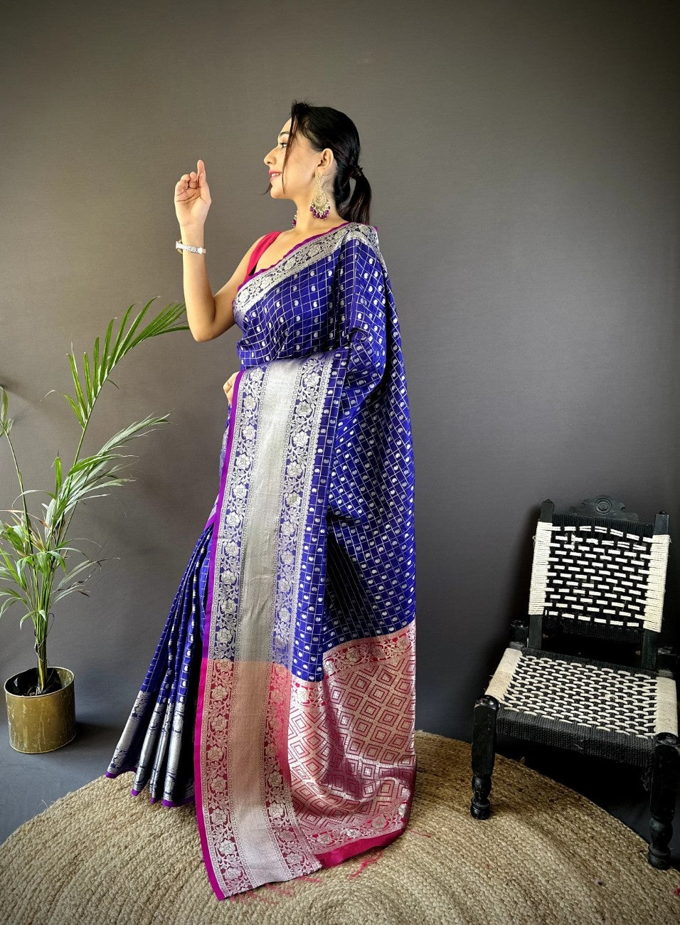 Pure Lichi Silk Saree with soft texture and a chex style weaving