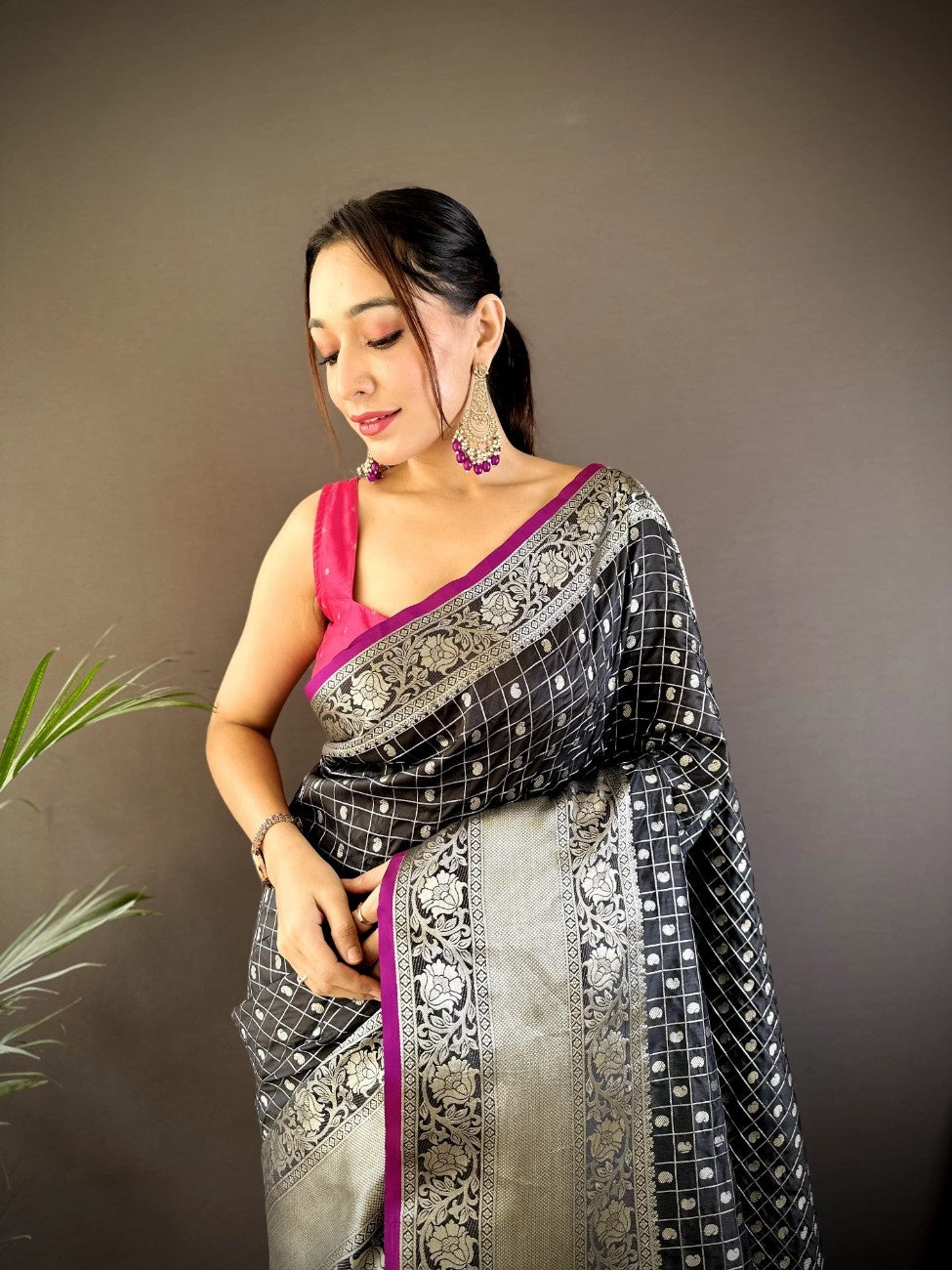 Pure Lichi Silk Saree with soft texture and a chex style weaving