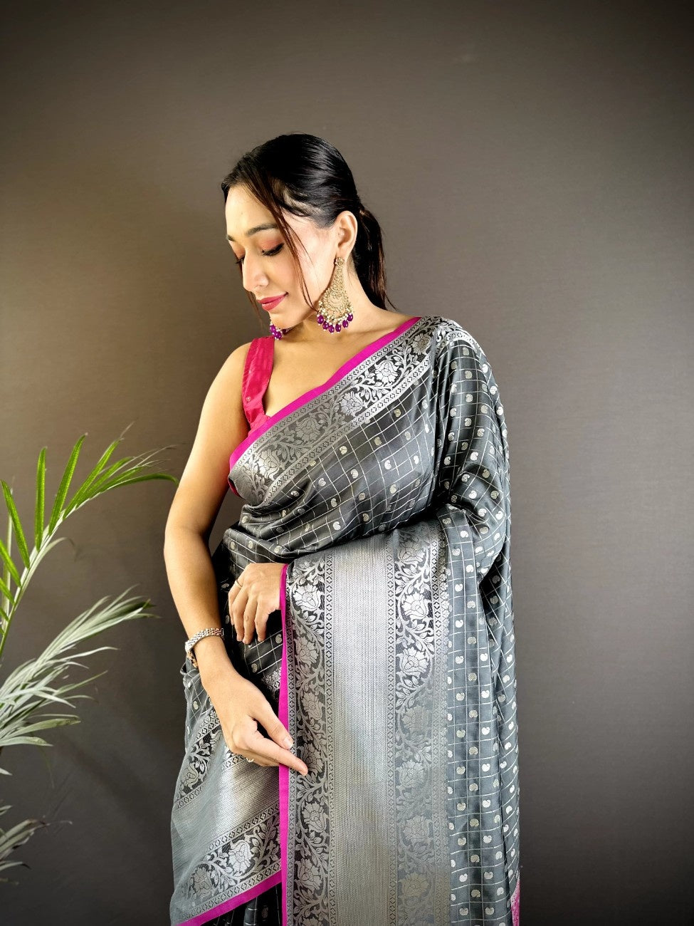 Pure Lichi Silk Saree with soft texture and a chex style weaving