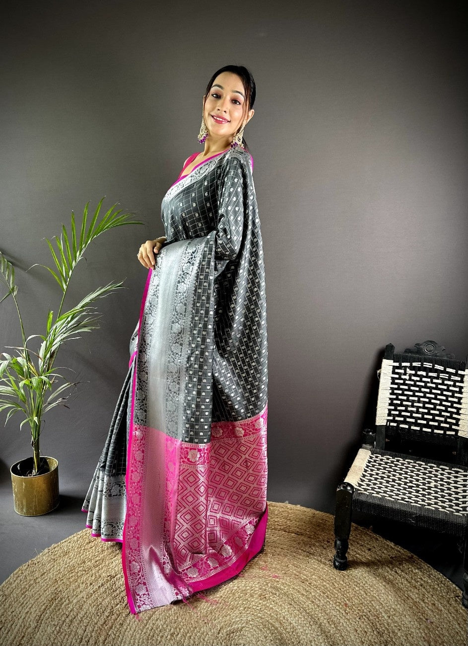Pure Lichi Silk Saree with soft texture and a chex style weaving