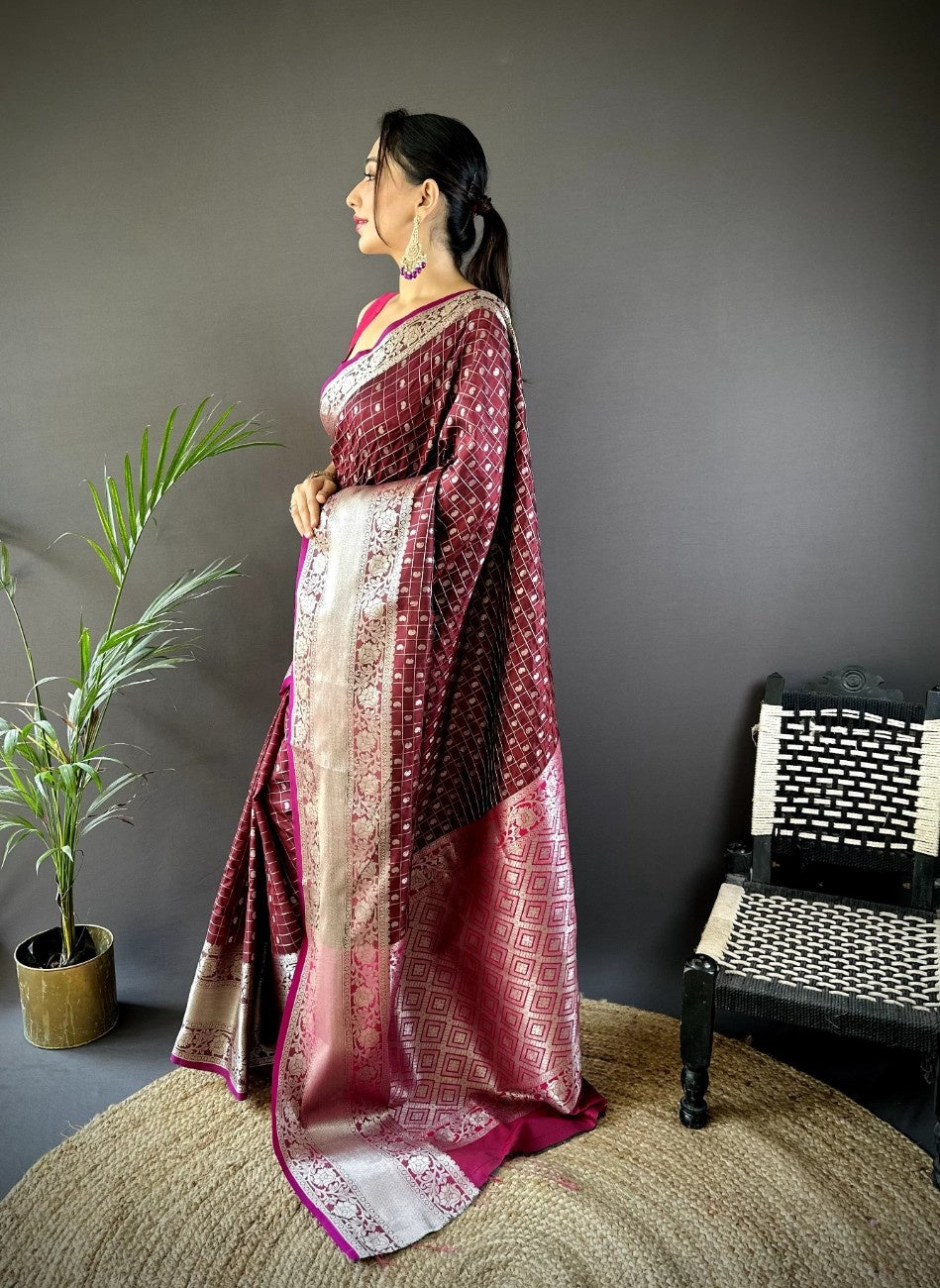 Pure Lichi Silk Saree with soft texture and a chex style weaving