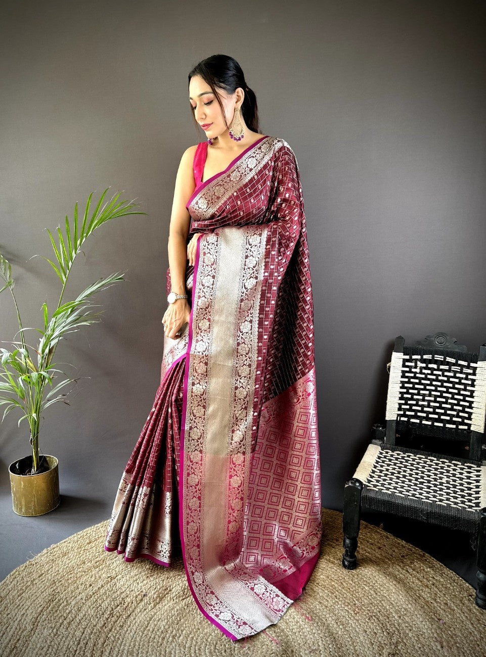 Pure Lichi Silk Saree with soft texture and a chex style weaving