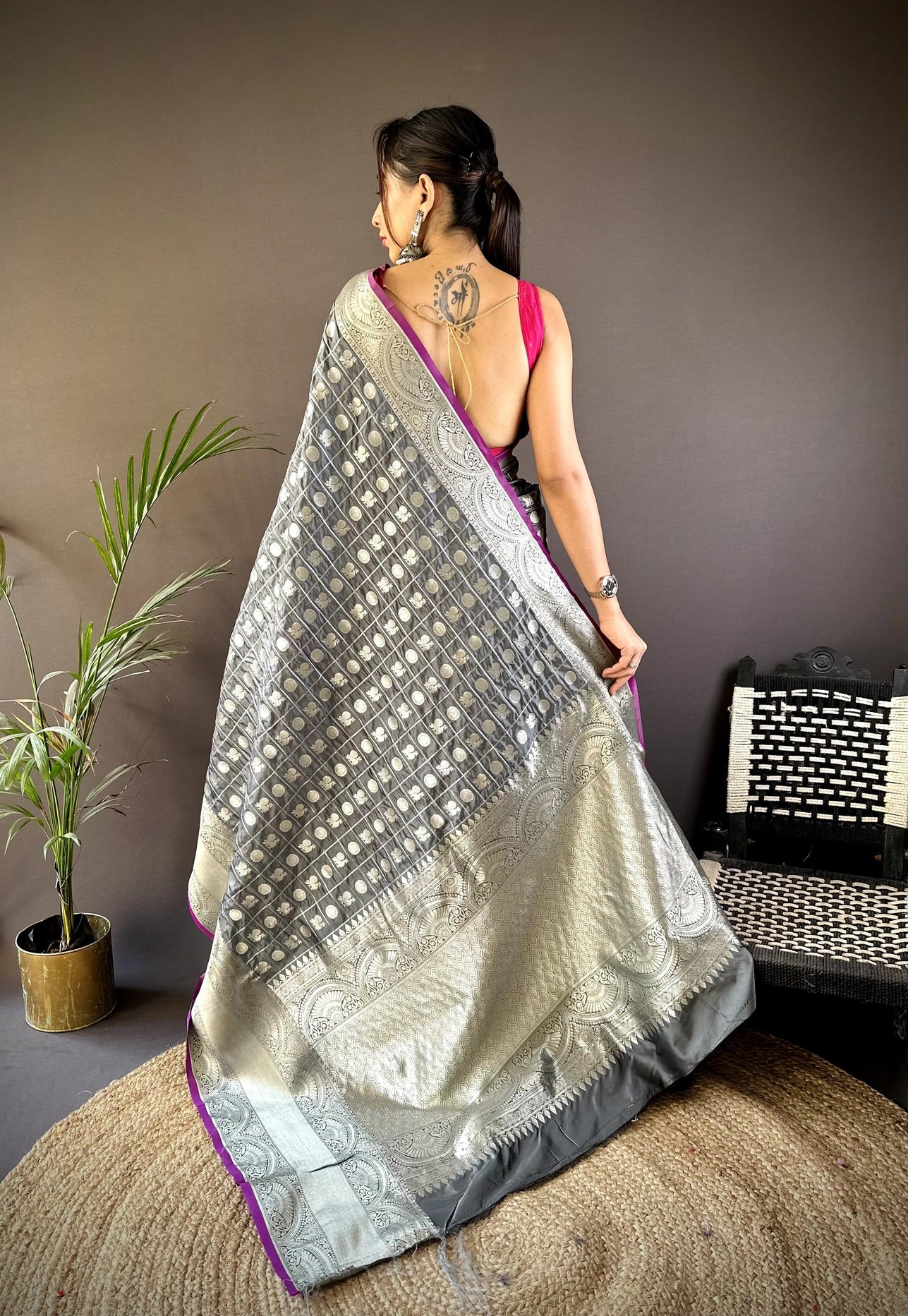 Pure  Lichi Silk Saree With  Silver Zari Weaving And Rich Pallu