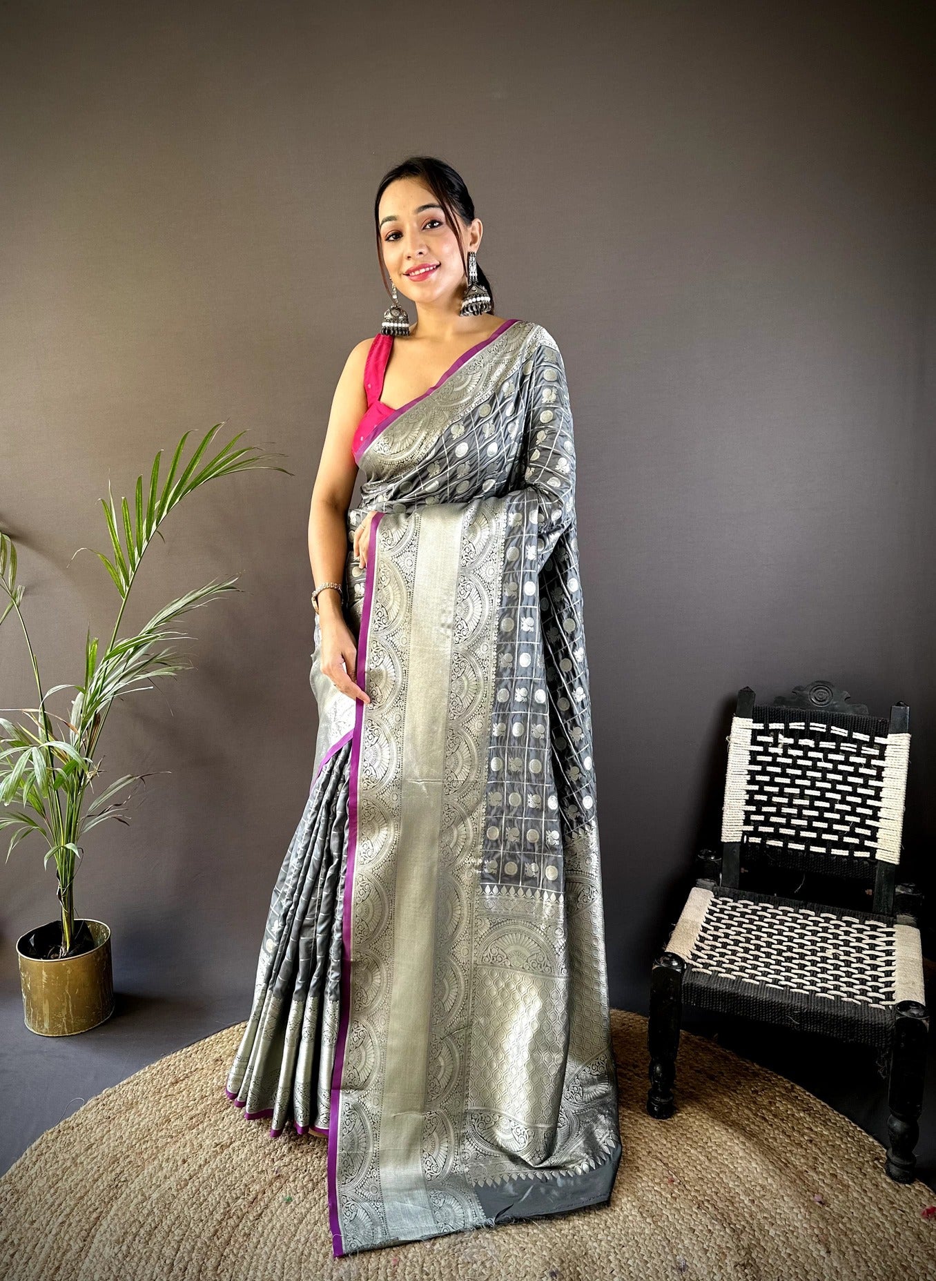 Pure  Lichi Silk Saree With  Silver Zari Weaving And Rich Pallu