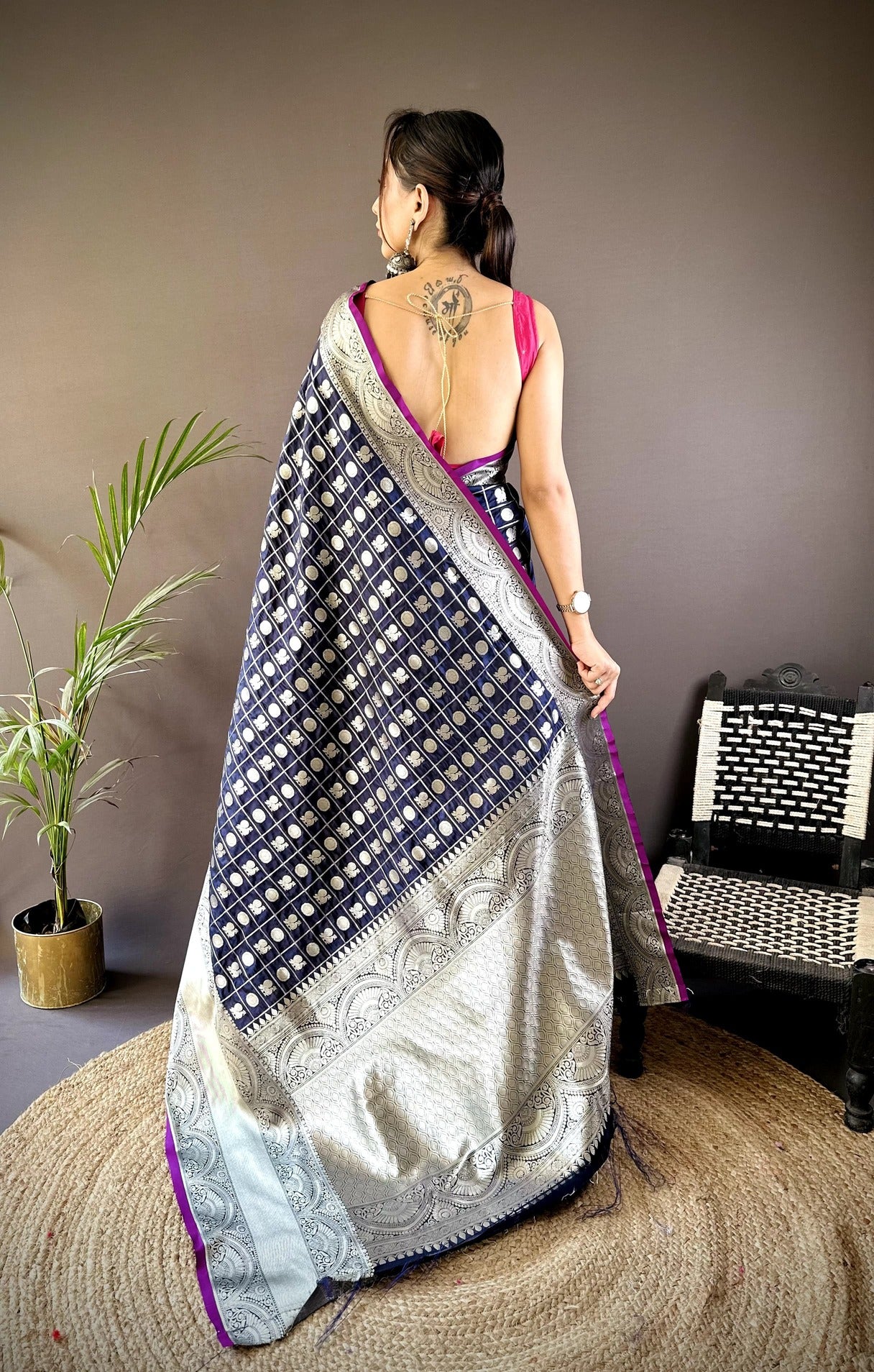 Pure  Lichi Silk Saree With  Silver Zari Weaving And Rich Pallu