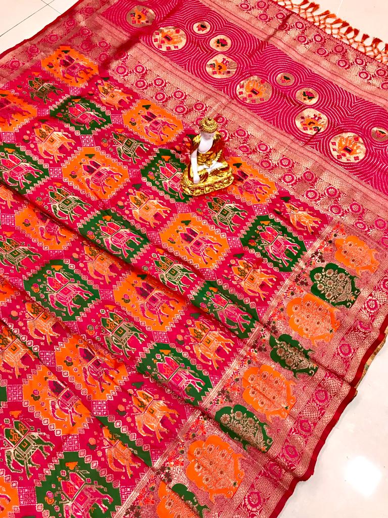 Soft Pedding Banarasi Silk Patola Saree With Jaalar and Contrast Pallu