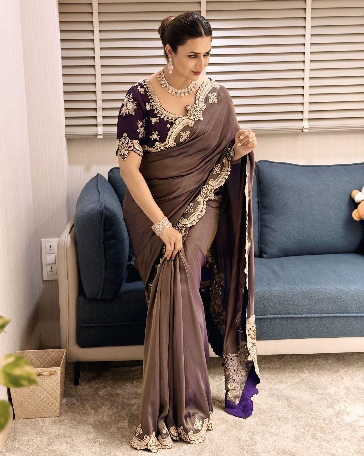 Fancy Satin Saree with Zari & Sequin Embroidery and Silk Blouse | Divyanka Tripathi