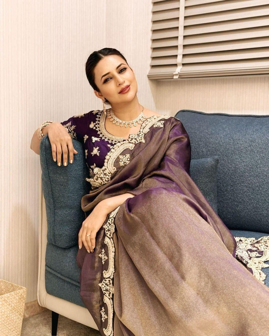 Fancy Satin Saree with Zari & Sequin Embroidery and Silk Blouse | Divyanka Tripathi