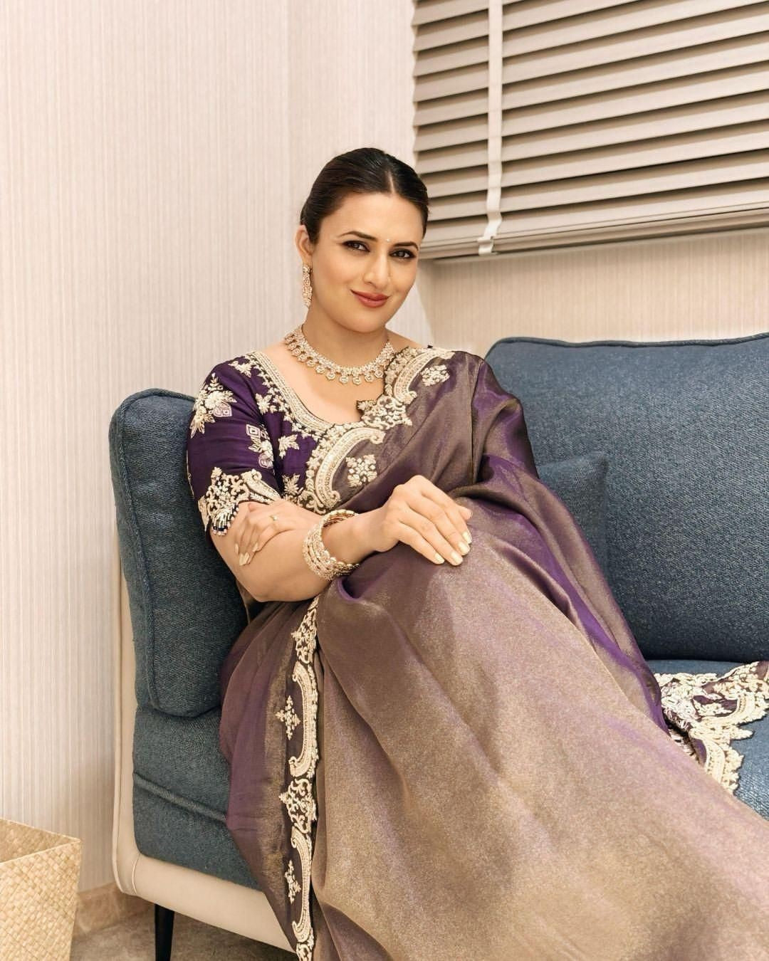 Fancy Satin Saree with Zari & Sequin Embroidery and Silk Blouse | Divyanka Tripathi