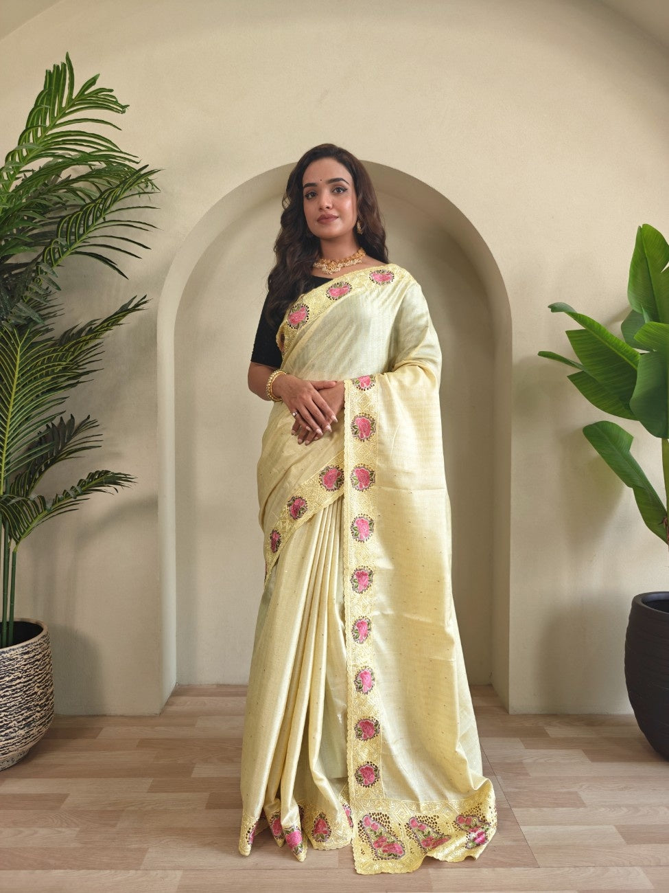 Tussar Silk saree with fine embroidery, cutwork, and contrast pallu.