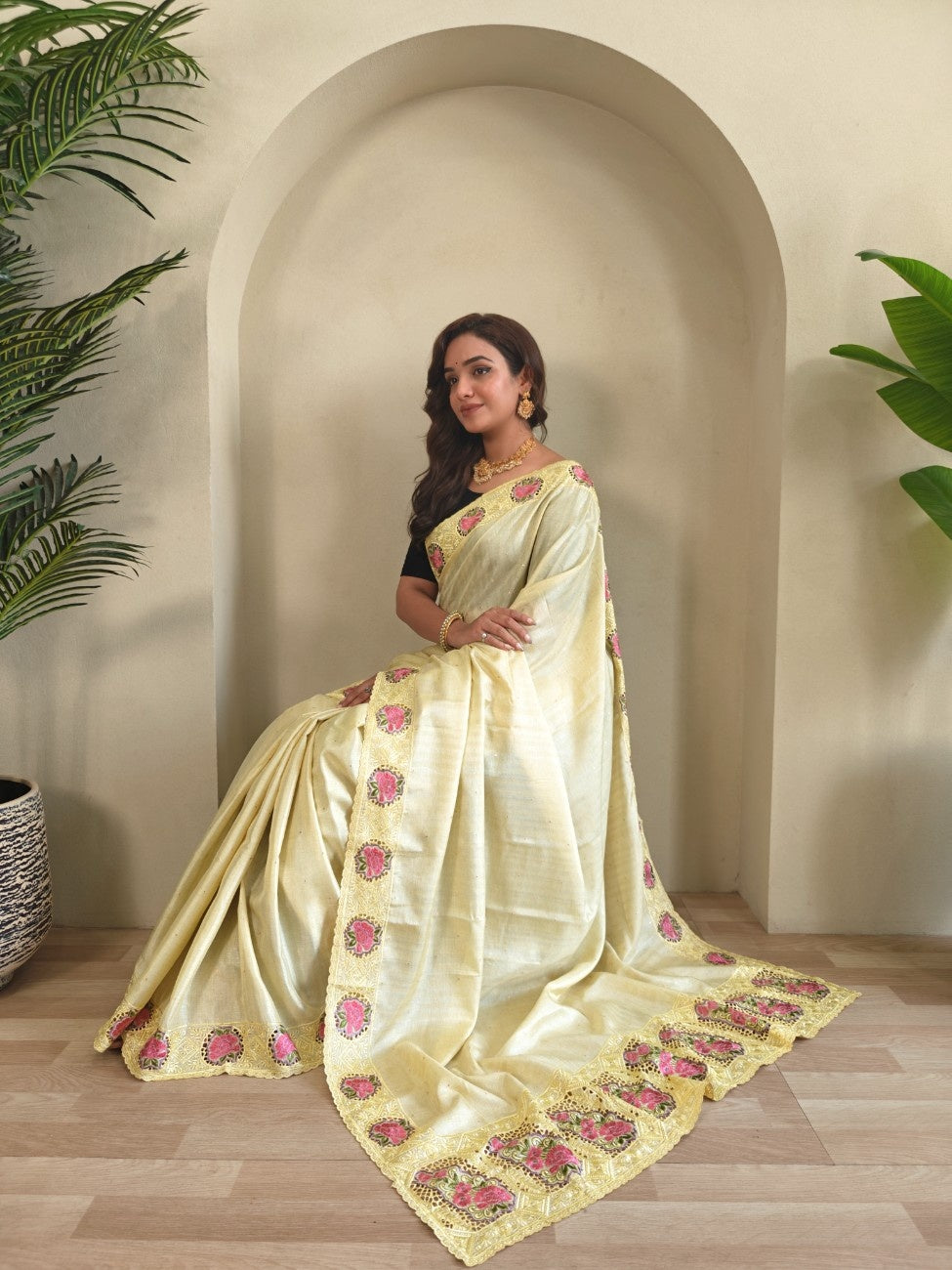 Tussar Silk saree with fine embroidery, cutwork, and contrast pallu.