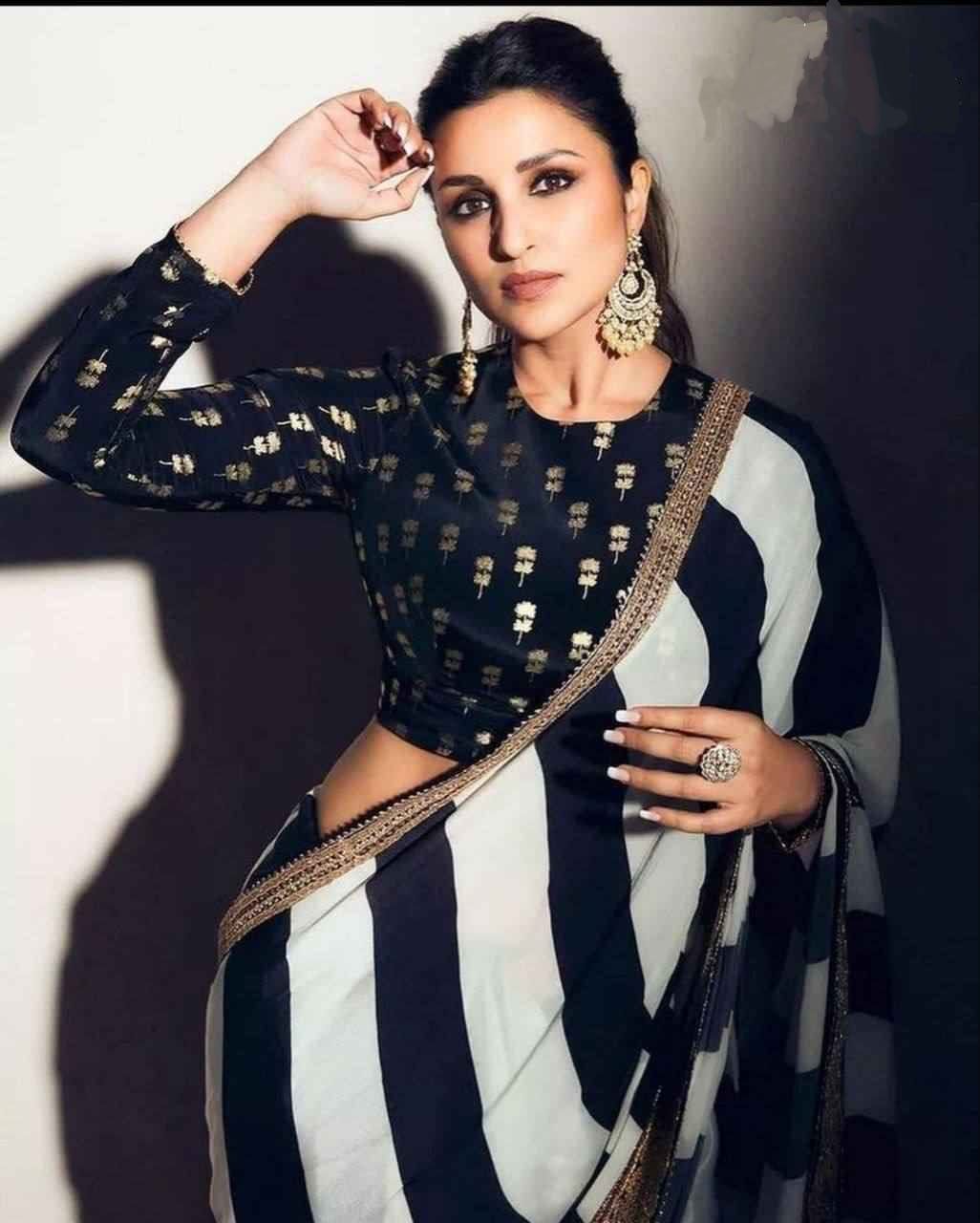 Designer Black & White Striped Georgette Saree with Embroidery – Celebrity Style Party Wear