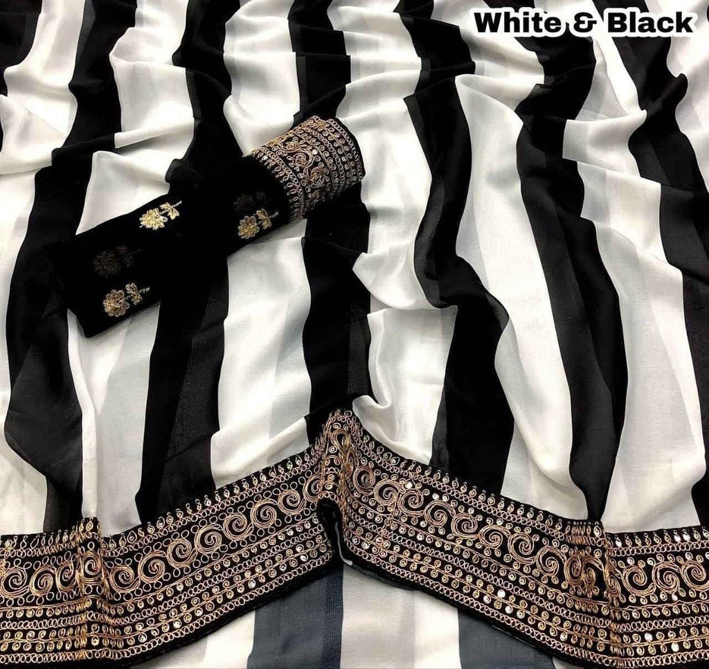 Designer Black & White Striped Georgette Saree with Embroidery – Celebrity Style Party Wear