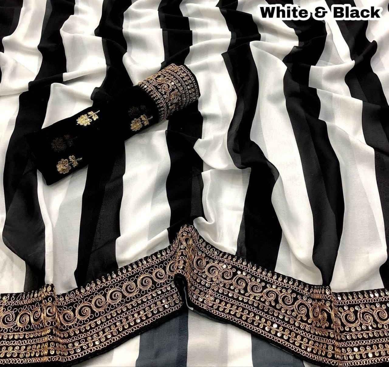 Designer Black & White Striped Georgette Saree with Embroidery – Celebrity Style Party Wear