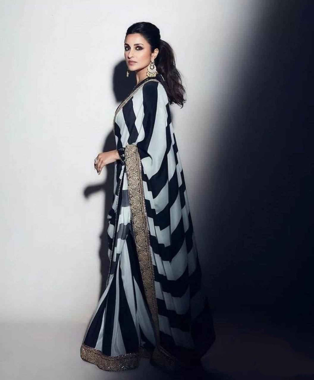 Designer Black & White Striped Georgette Saree with Embroidery – Celebrity Style Party Wear
